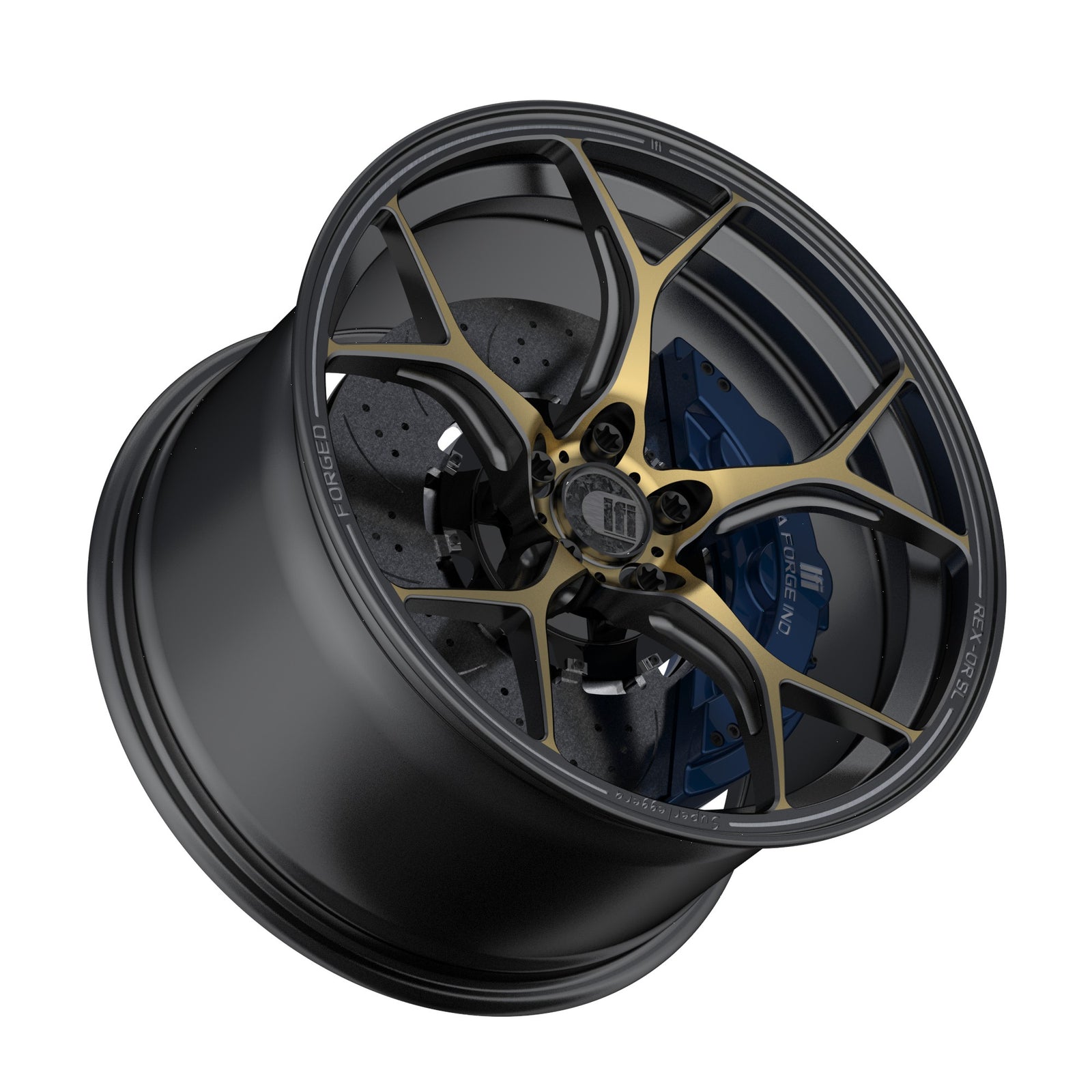 Black alloy wheel with gold accents on a white background